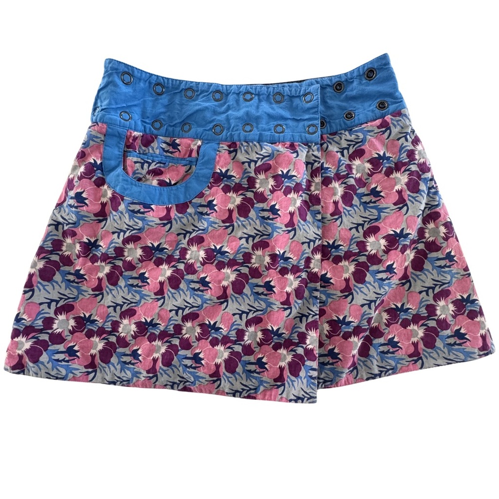 Apsara Reversible Wrap Mini Skirt Floral Blue Navy Adjustable Waist One Size 18”